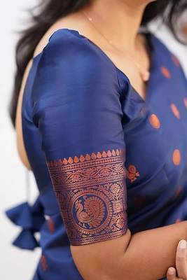 Blue silk blend banarasi saree with unstitched blouse piece 5