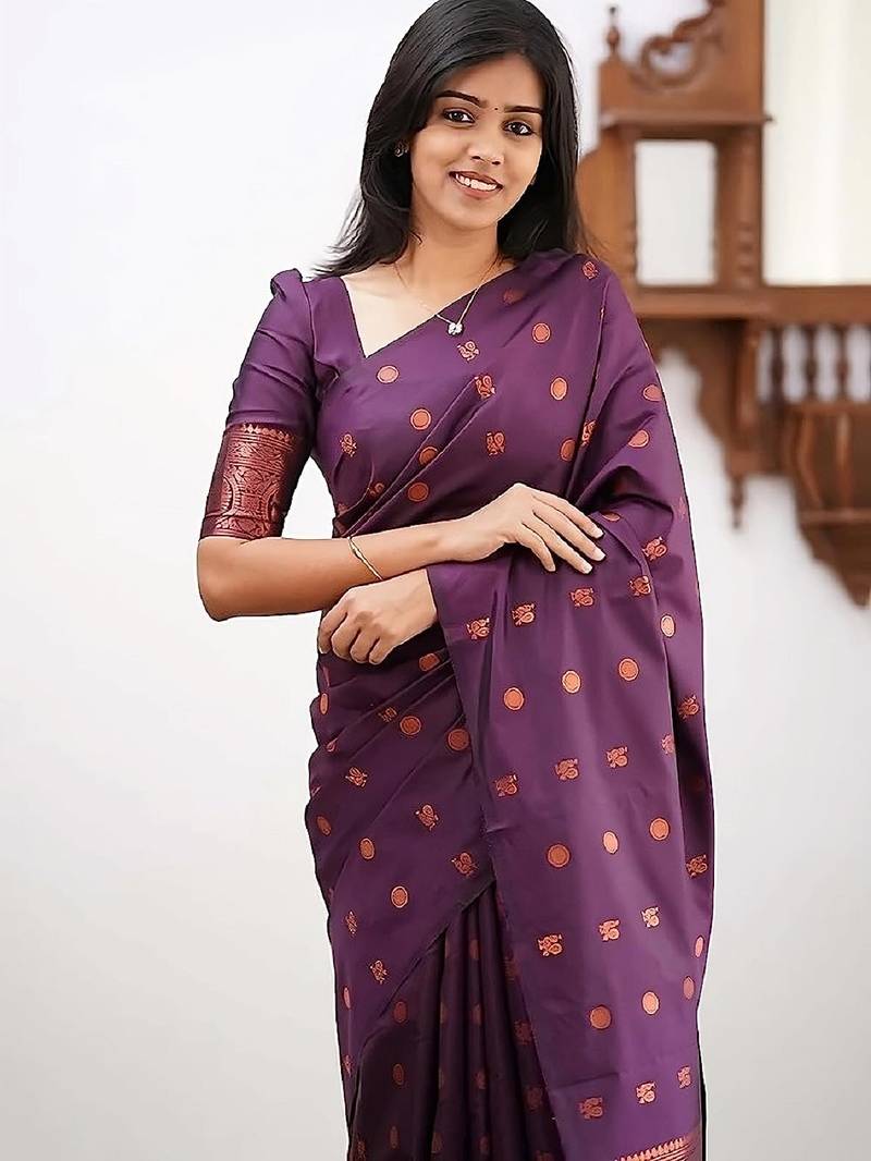 Wine soft silk blend banarasi jacuard work designer party wear saree with unstitched blouse piece