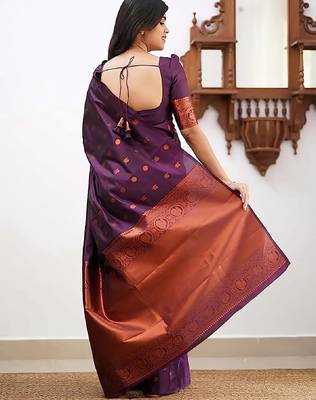 Wine silk blend banarasi saree with unstitched blouse piece 3