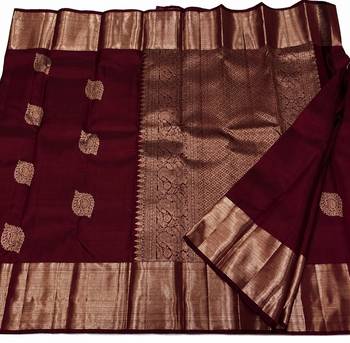 Maroon silk blend banarasi saree with unstitched blouse piece 1