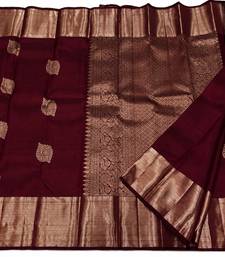 Maroon silk blend banarasi saree with unstitched blouse piece