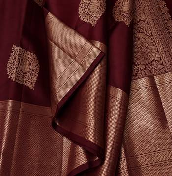 Maroon silk blend banarasi saree with unstitched blouse piece 2