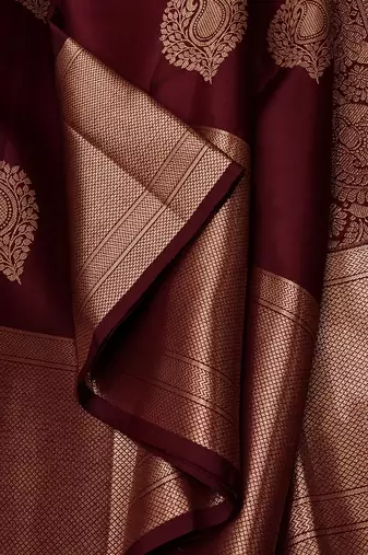 Maroon silk blend banarasi saree with unstitched blouse piece