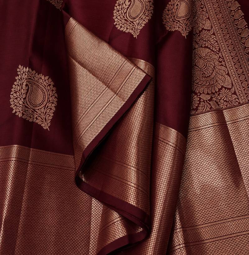 Maroon silk blend banarasi saree with unstitched blouse piece