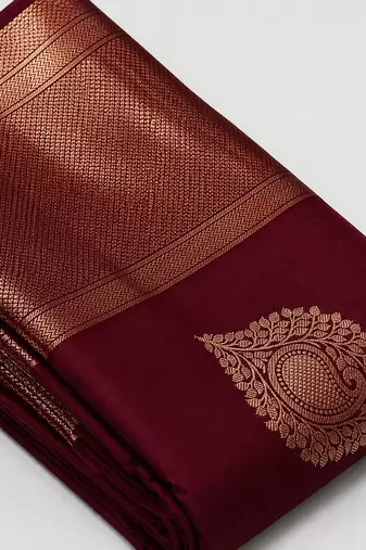 Maroon silk blend banarasi saree with unstitched blouse piece