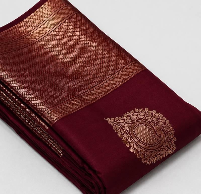 Maroon silk blend banarasi saree with unstitched blouse piece