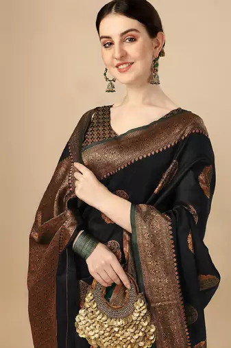 Black soft silk blend banarasi jacuard work designer party wear saree with unstitched blouse piece