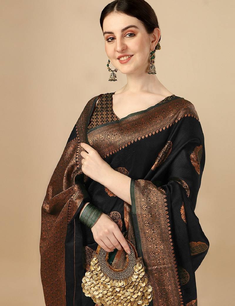 Black soft silk blend banarasi jacuard work designer party wear saree with unstitched blouse piece