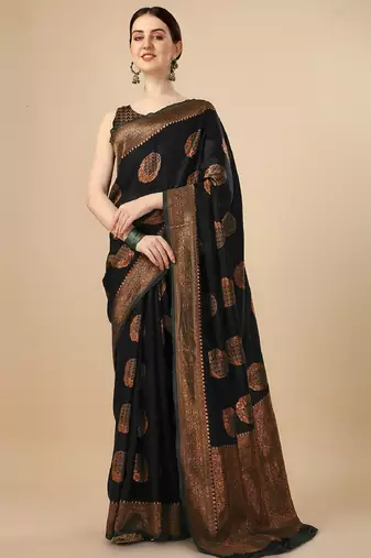 Black silk blend banarasi saree with unstitched blouse piece