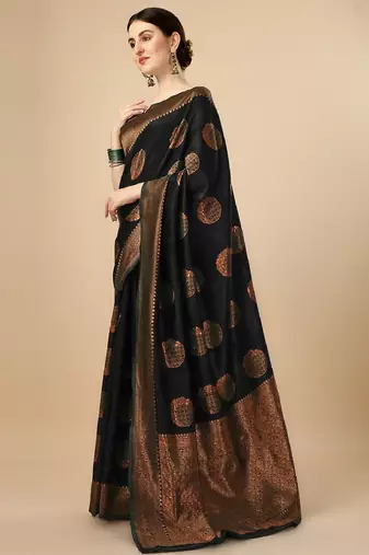Black silk blend banarasi saree with unstitched blouse piece