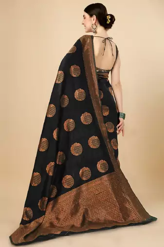 Black silk blend banarasi saree with unstitched blouse piece