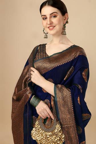 Blue soft silk blend banarasi jacuard work designer party wear saree with unstitched blouse piece