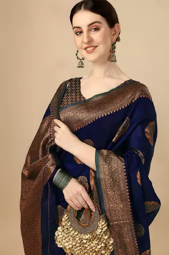 Blue soft silk blend banarasi jacuard work designer party wear saree with unstitched blouse piece