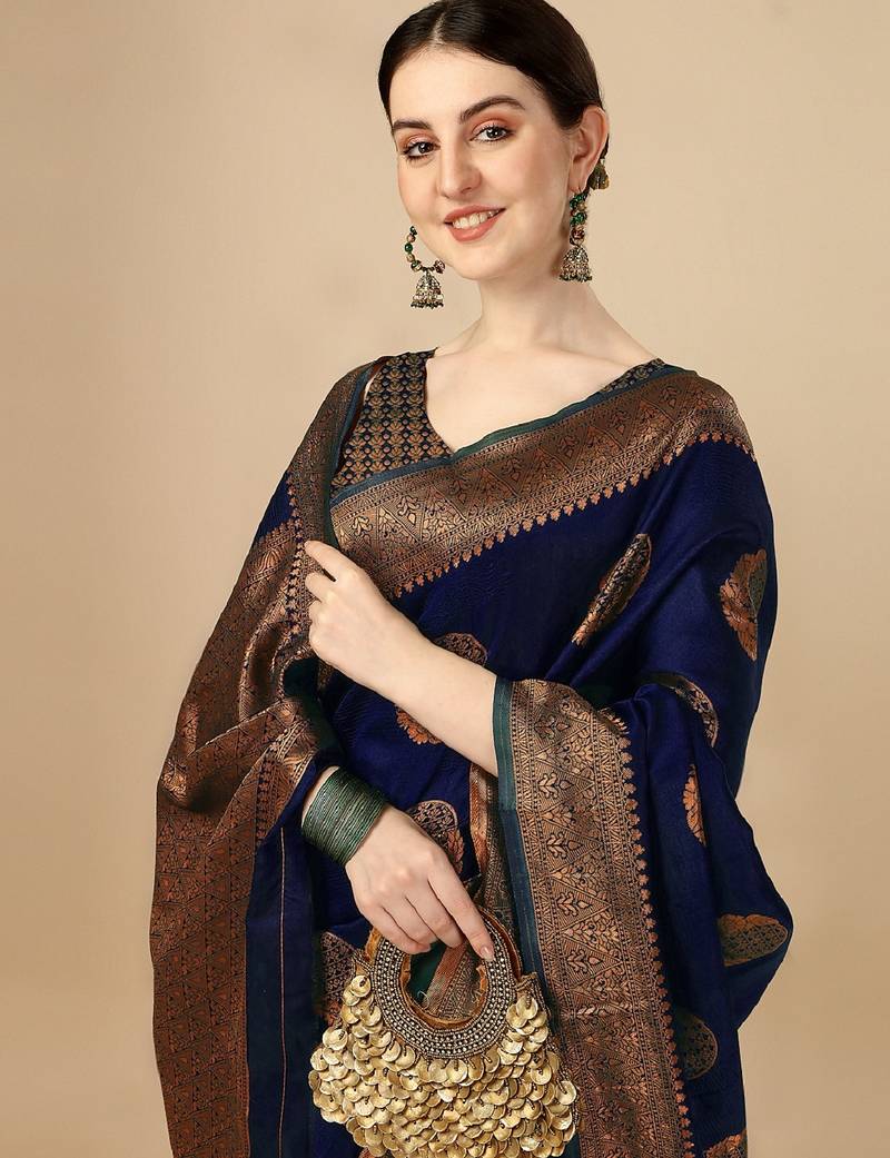 Blue soft silk blend banarasi jacuard work designer party wear saree with unstitched blouse piece