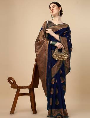 Blue silk blend banarasi saree with unstitched blouse piece 2