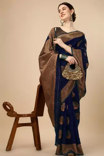 Blue soft silk blend banarasi jacuard work designer party wear saree with unstitched blouse piece