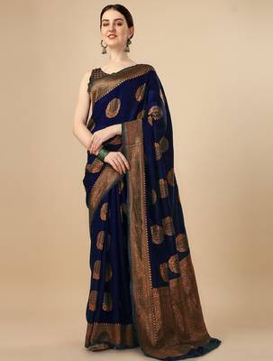 Blue silk blend banarasi saree with unstitched blouse piece 3
