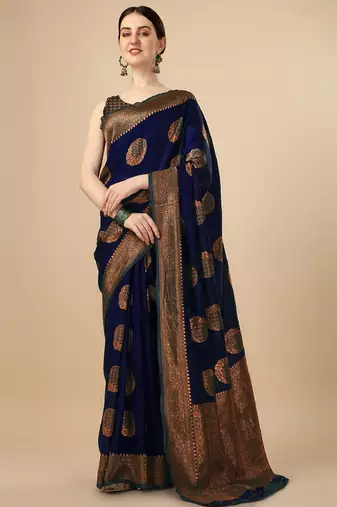 Blue soft silk blend banarasi jacuard work designer party wear saree with unstitched blouse piece