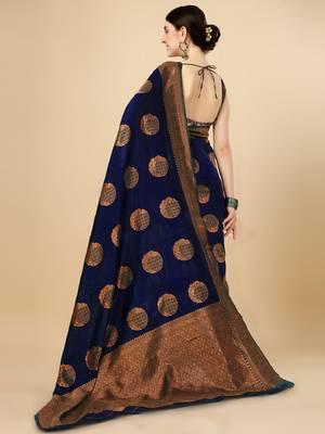 Blue silk blend banarasi saree with unstitched blouse piece 4