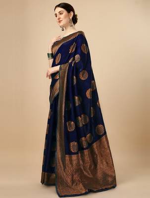 Blue silk blend banarasi saree with unstitched blouse piece 5