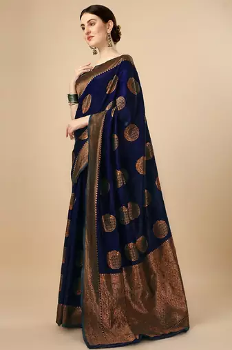 Blue soft silk blend banarasi jacuard work designer party wear saree with unstitched blouse piece