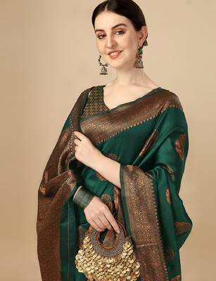 Green silk blend banarasi saree with unstitched blouse piece 1