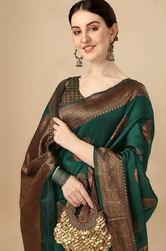 Green soft silk blend banarasi jacuard work designer party wear saree with unstitched blouse piece