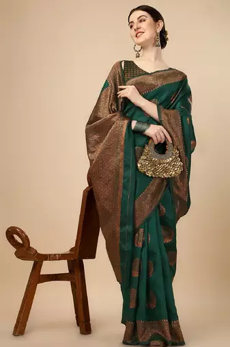 Green silk blend banarasi saree with unstitched blouse piece