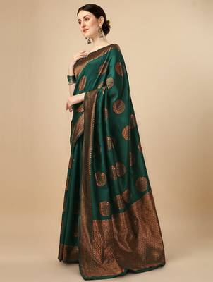 Green silk blend banarasi saree with unstitched blouse piece 3