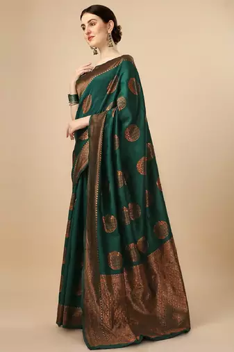Green silk blend banarasi saree with unstitched blouse piece