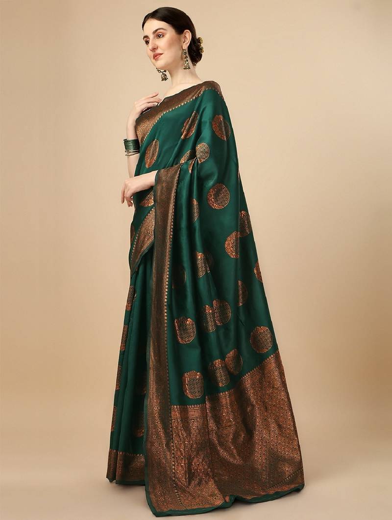 Green soft silk blend banarasi jacuard work designer party wear saree with unstitched blouse piece