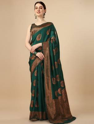 Green silk blend banarasi saree with unstitched blouse piece 4