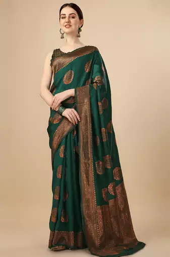 Green silk blend banarasi saree with unstitched blouse piece