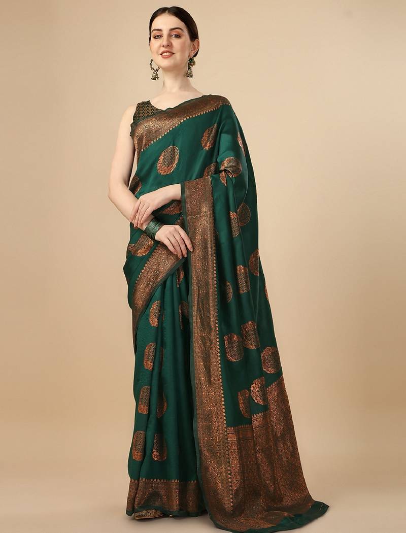 Green soft silk blend banarasi jacuard work designer party wear saree with unstitched blouse piece
