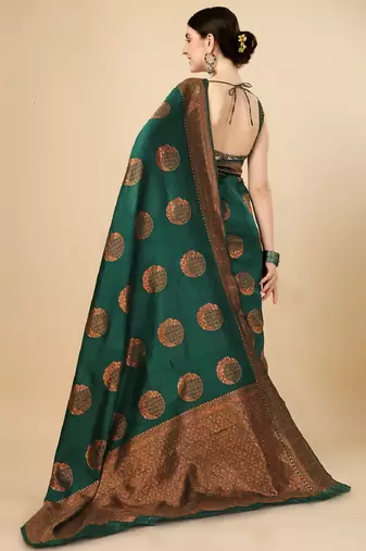 Green silk blend banarasi saree with unstitched blouse piece