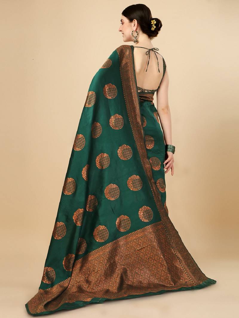 Green soft silk blend banarasi jacuard work designer party wear saree with unstitched blouse piece