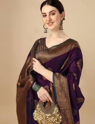 Wine silk blend banarasi saree with unstitched blouse piece 1