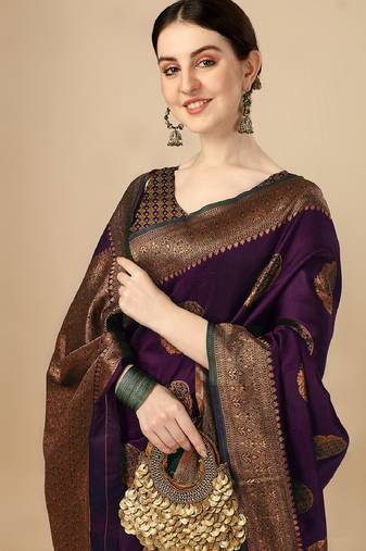 Wine soft silk blend banarasi jacuard work designer party wear saree with unstitched blouse piece
