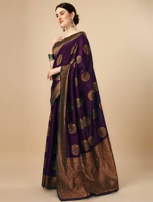 Wine silk blend banarasi saree with unstitched blouse piece 2
