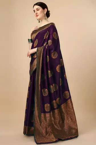 Wine silk blend banarasi saree with unstitched blouse piece