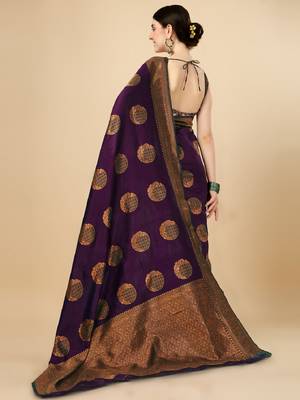 Wine silk blend banarasi saree with unstitched blouse piece 3