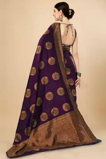 Wine silk blend banarasi saree with unstitched blouse piece