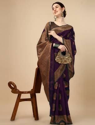 Wine silk blend banarasi saree with unstitched blouse piece 4