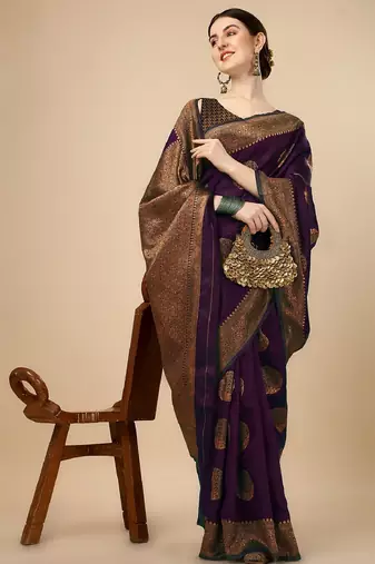 Wine silk blend banarasi saree with unstitched blouse piece