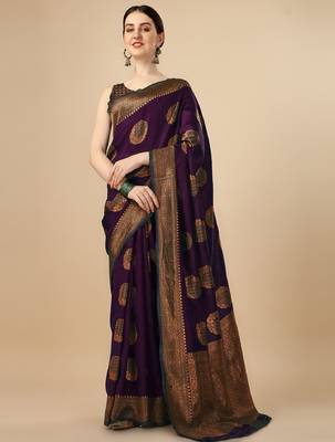 Wine silk blend banarasi saree with unstitched blouse piece 5