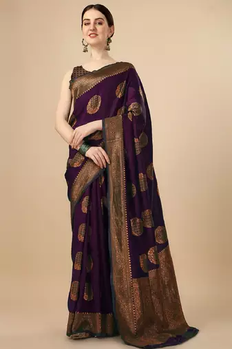 Wine silk blend banarasi saree with unstitched blouse piece