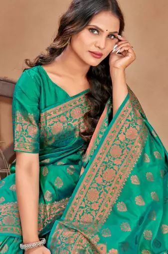 Green soft silk blend banarasi jacuard work designer party wear saree with unstitched blouse piece