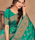 Green soft silk blend banarasi jacuard work designer party wear saree with unstitched blouse piece