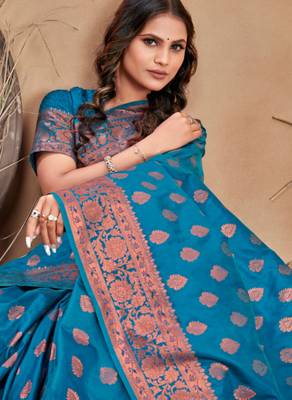 Turquoise silk blend banarasi saree with unstitched blouse piece 1