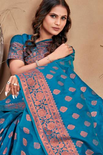 Turquoise soft silk blend banarasi jacuard work designer party wear saree with unstitched blouse piece
